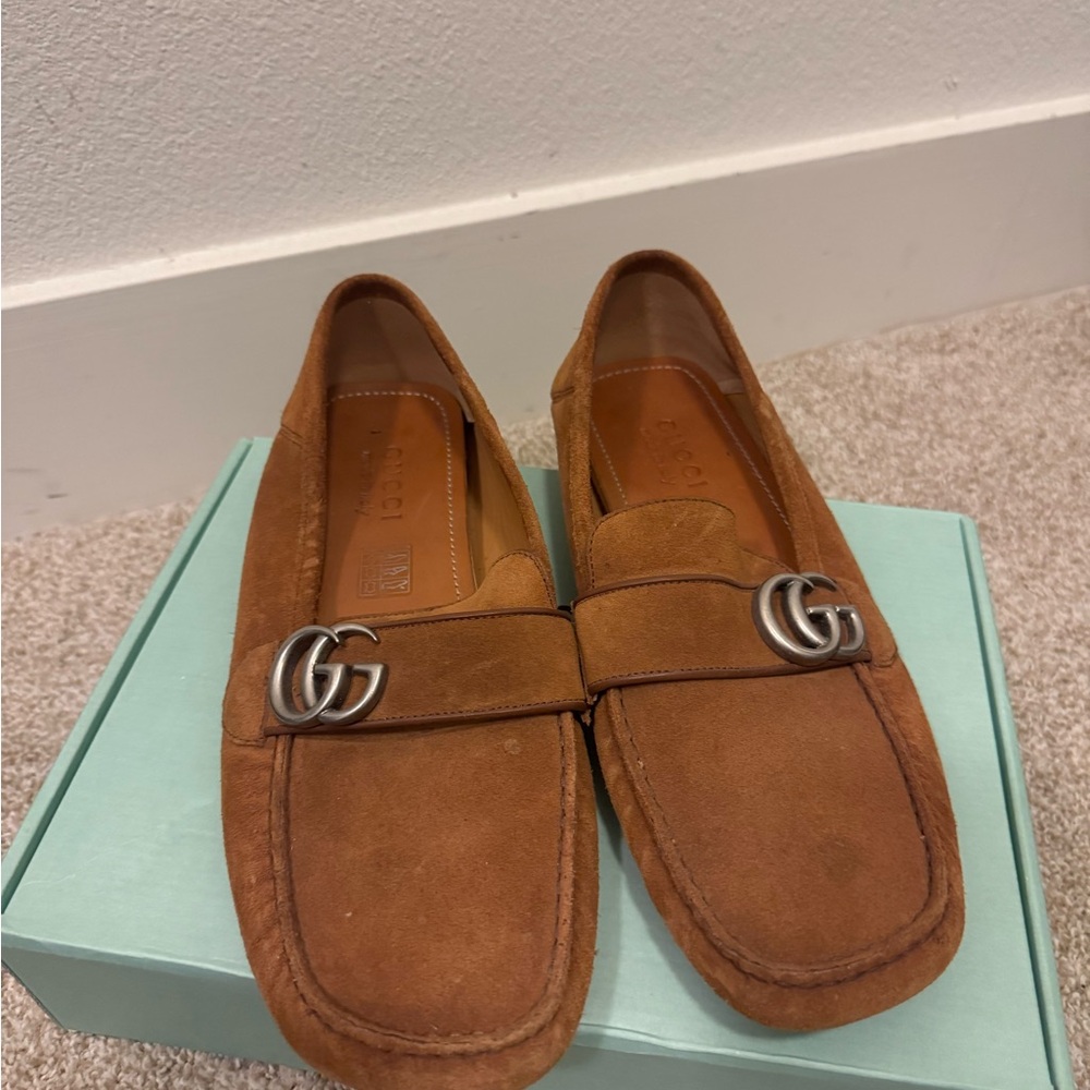 Gucci Tan Suede Loafers with Silver Accents